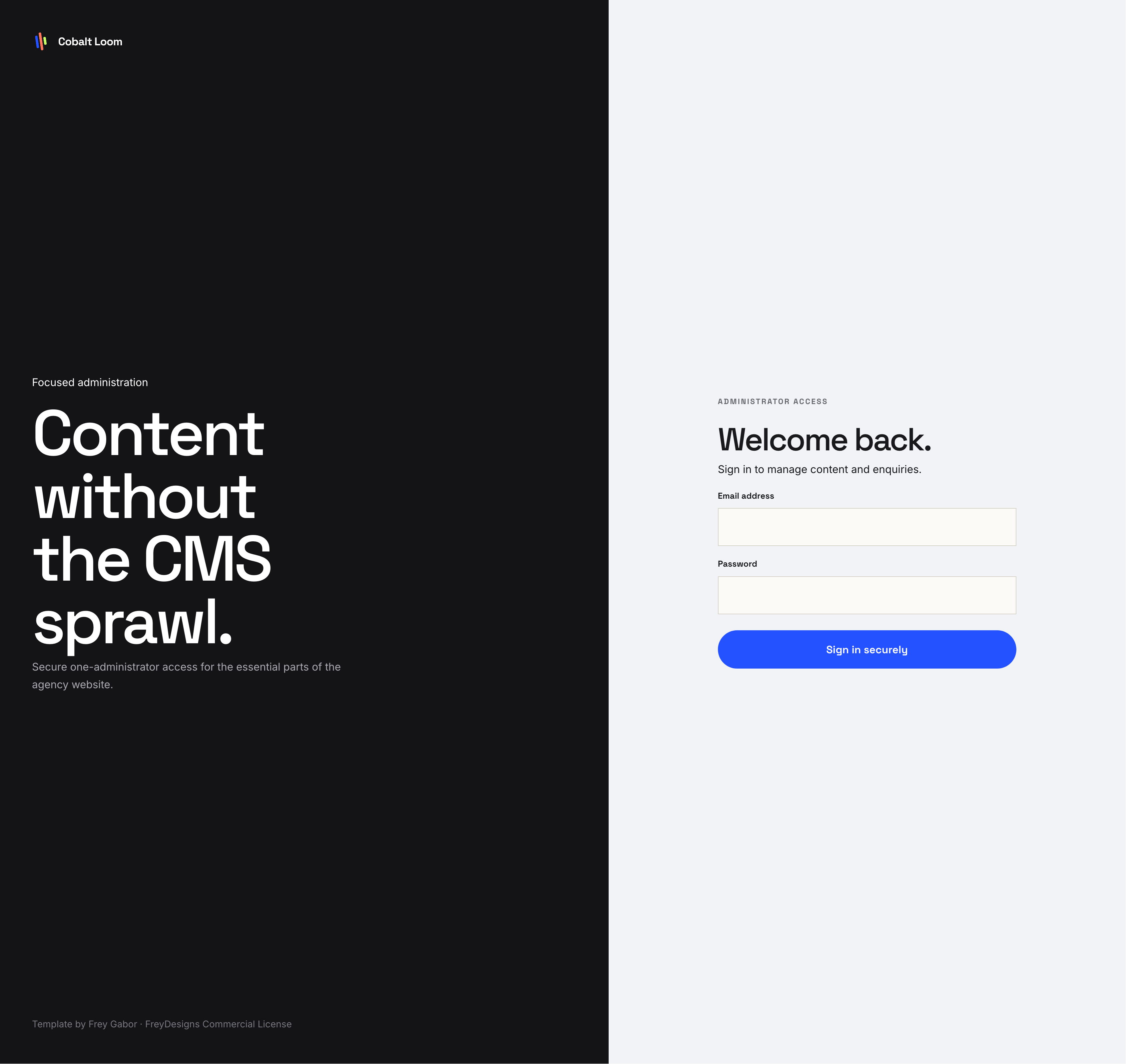 Cobalt Loom Creative Agency interface - Admin Page