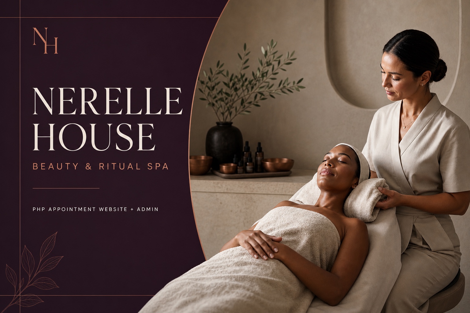 Nerelle House product cover with plum editorial typography and a fictional inclusive beauty-spa treatment scene