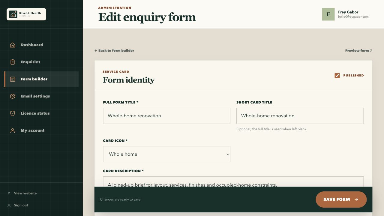 Rivet & Hearth enquiry form editor