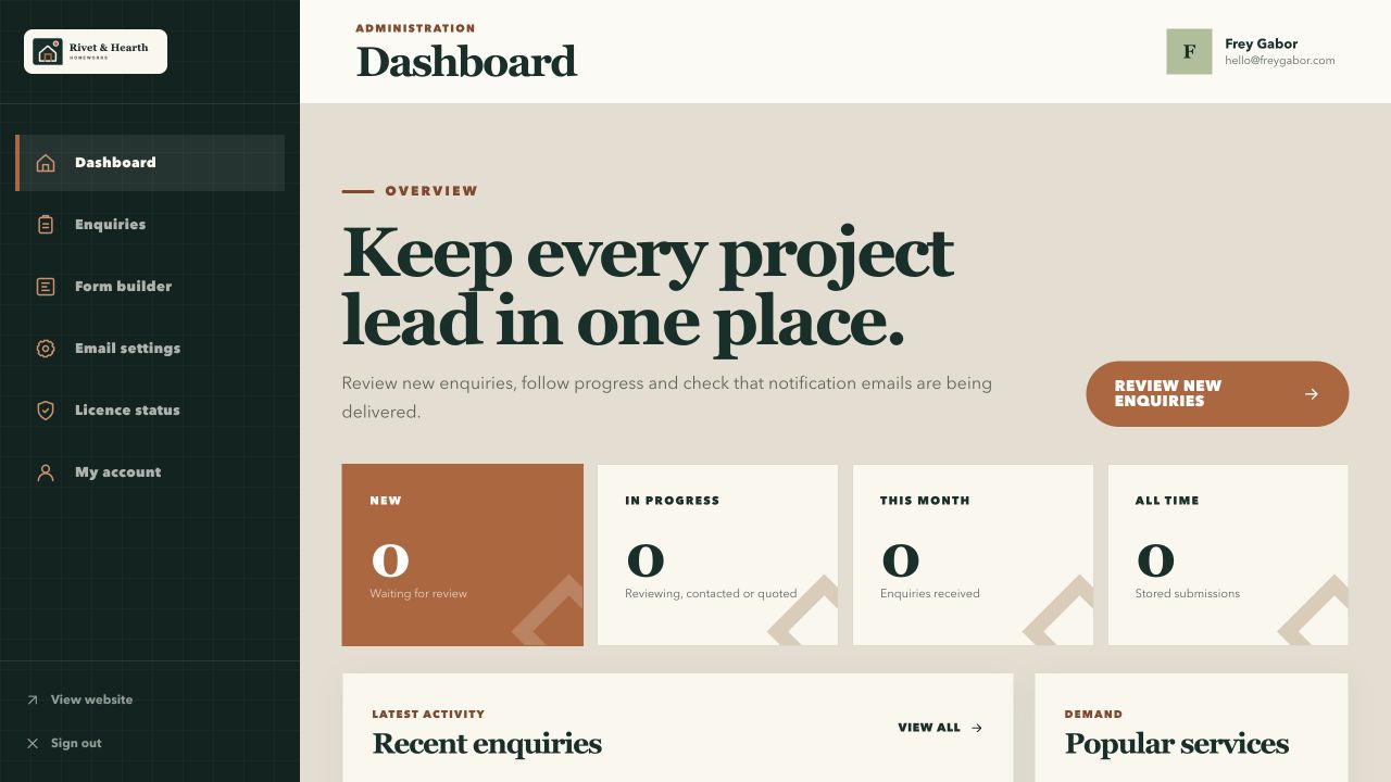 Rivet & Hearth administration dashboard
