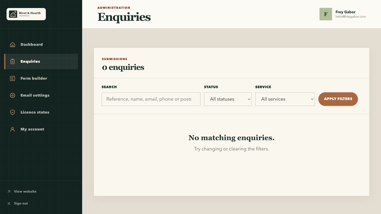 Rivet & Hearth enquiry management screen
