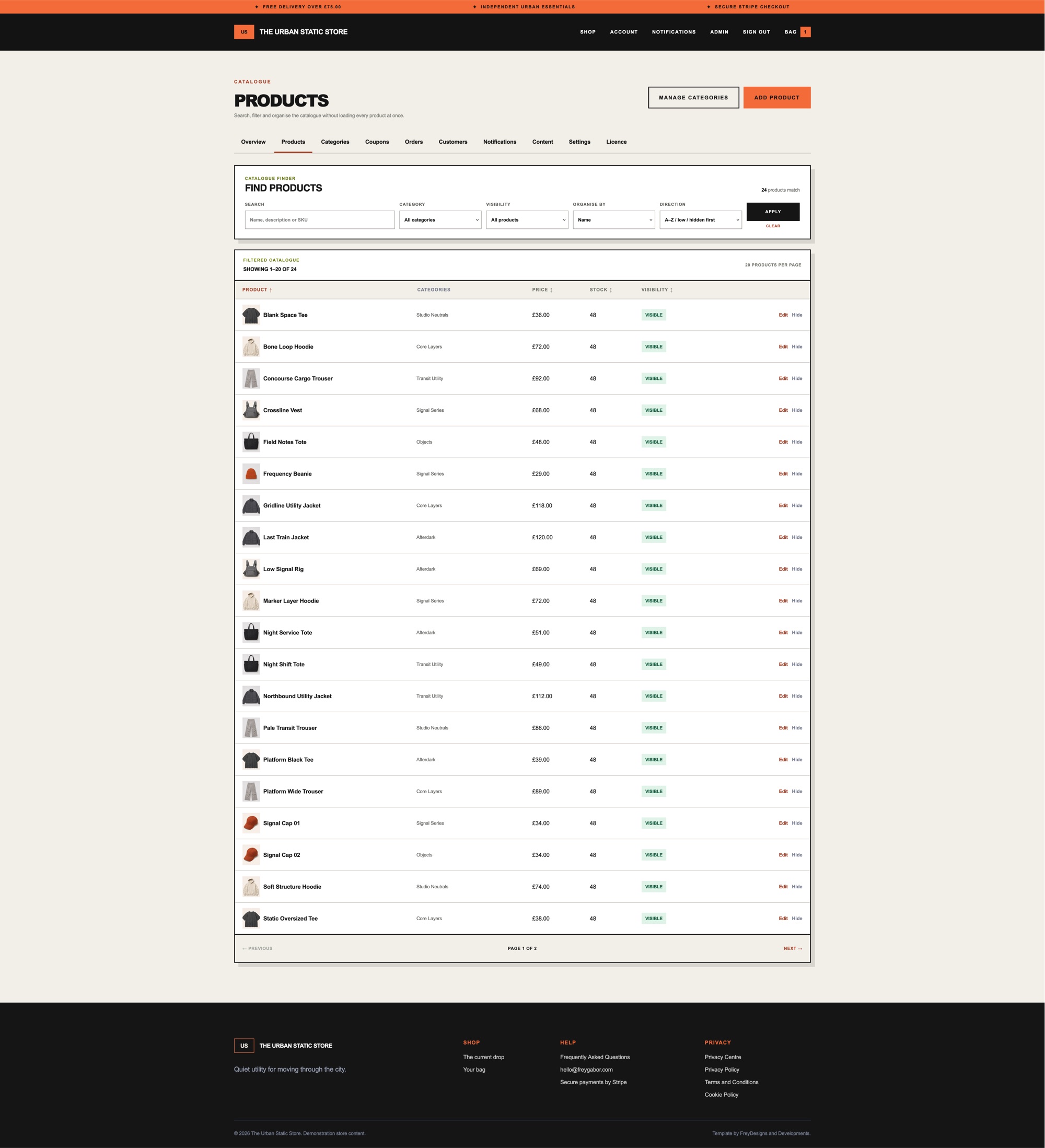 The Urban Static Store storefront and administration screenshot 9