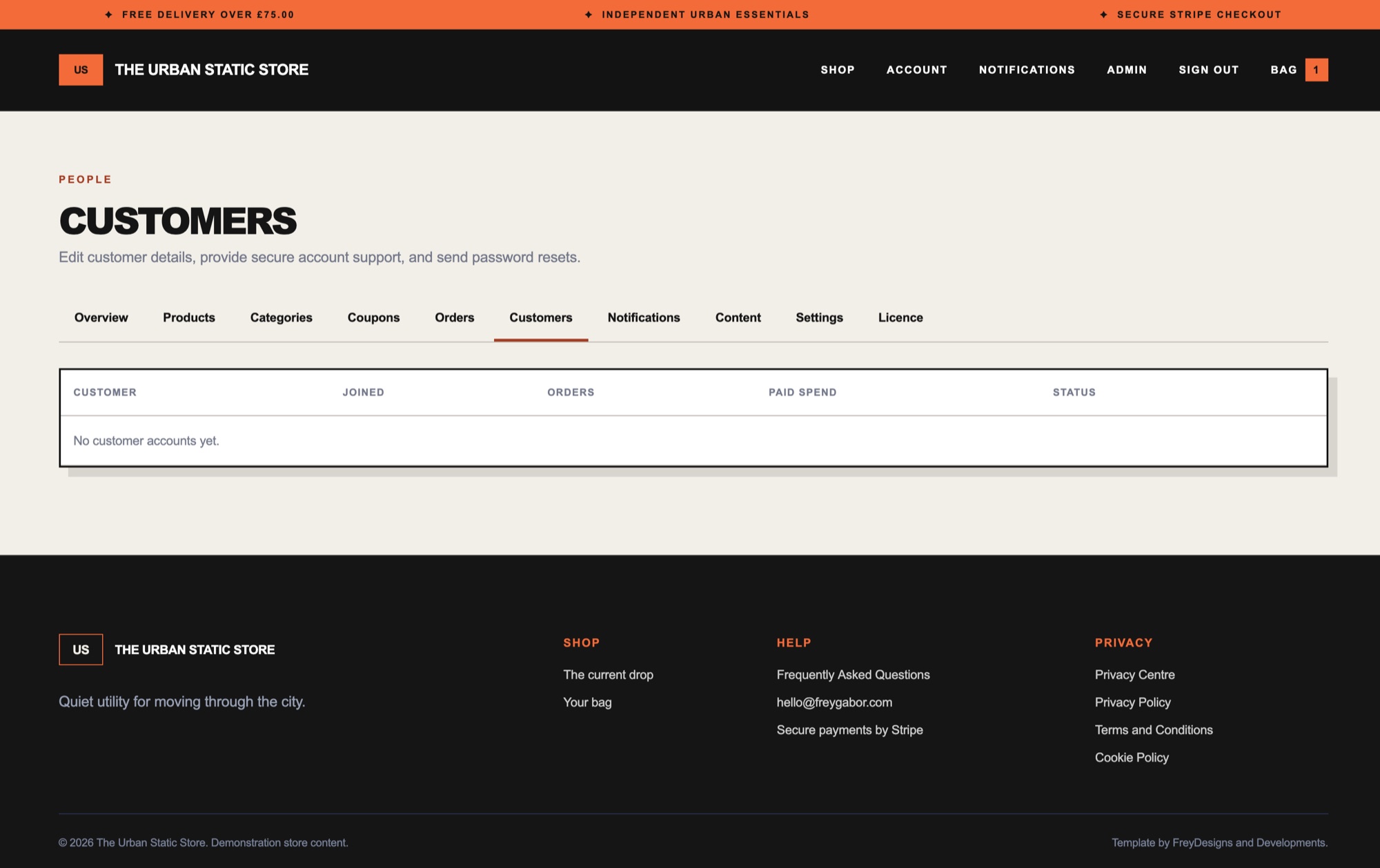 The Urban Static Store administration and licensing screenshot 3